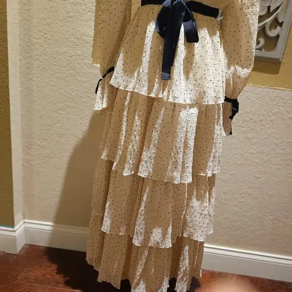 Just Me S Tiered  Dress Cream Holiday Party Cottagecore Vintage Wedding Guest - Picture 9 of 10